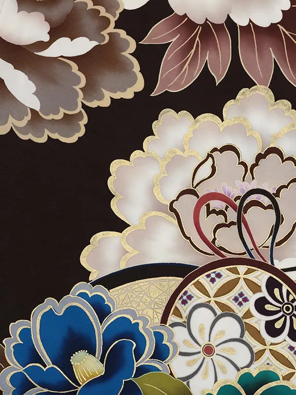 振袖レンタル1520 こげ茶 鞠に椿牡丹