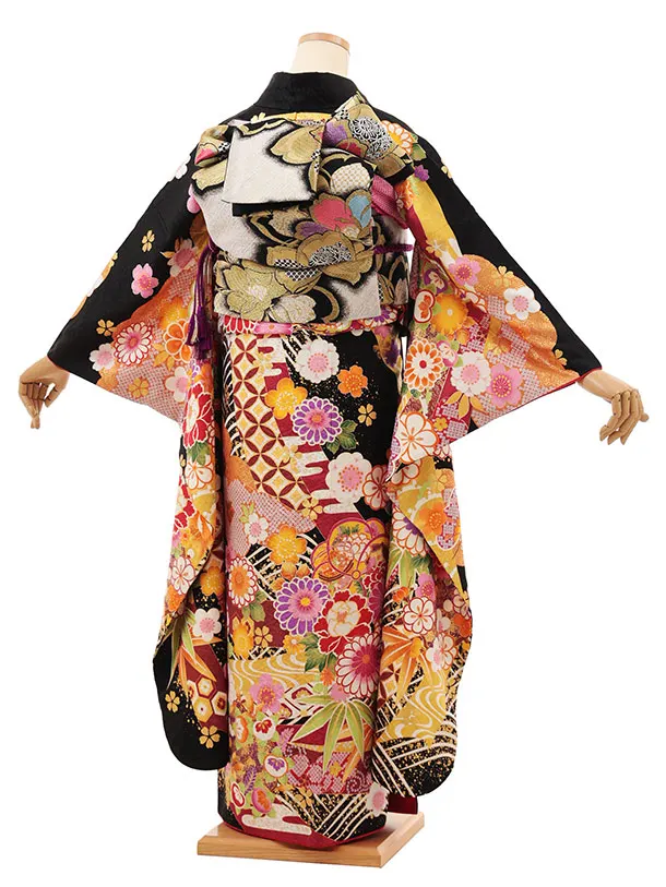 振袖レンタル1523 黒地 鞠に花づくし