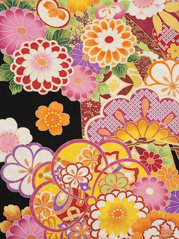 振袖レンタル1523 黒地 鞠に花づくし