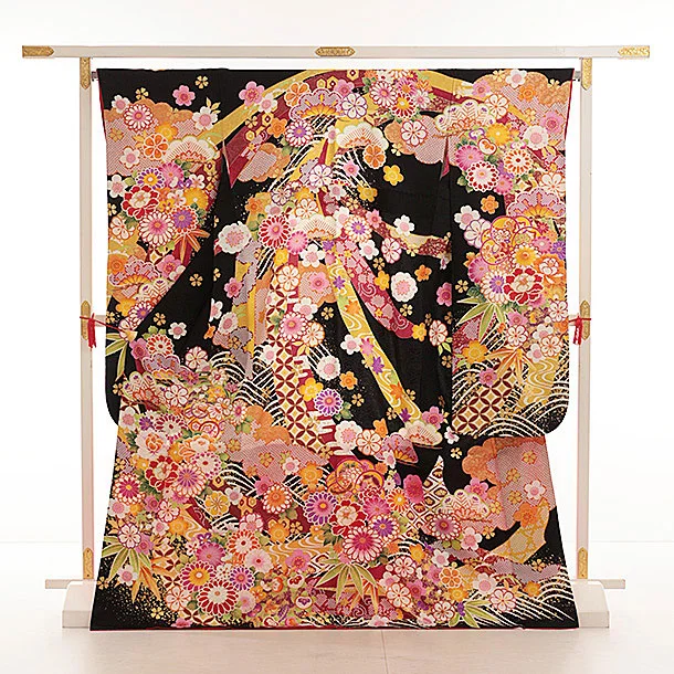 振袖レンタル1523 黒地 鞠に花づくし