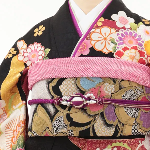 振袖レンタル1523 黒地 鞠に花づくし