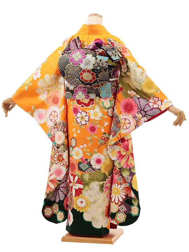 振袖レンタル1526 オレンジ裾グリーン 花づくし