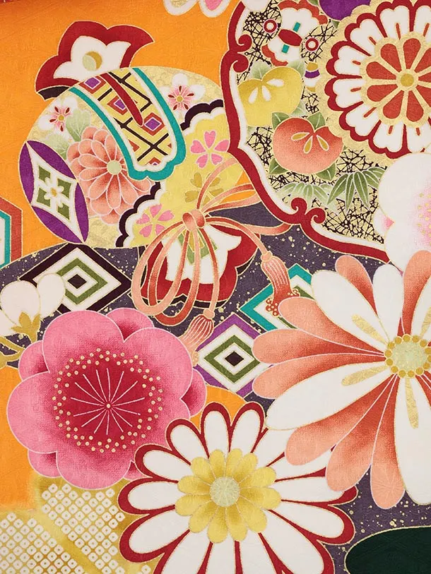 振袖レンタル1526 オレンジ裾グリーン 花づくし