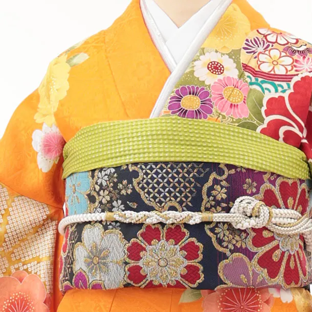 振袖レンタル1526 オレンジ裾グリーン 花づくし