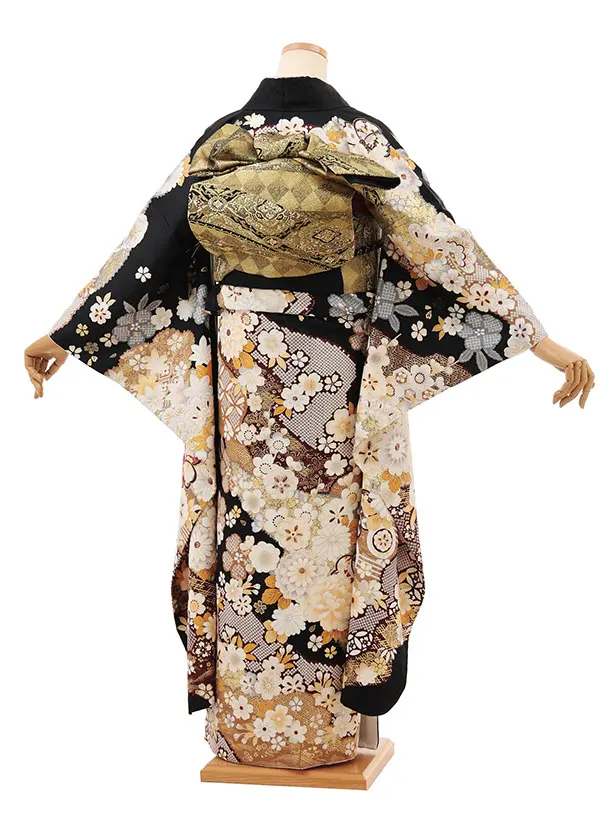 振袖レンタル1528 黒地 貝桶 四季花づくし