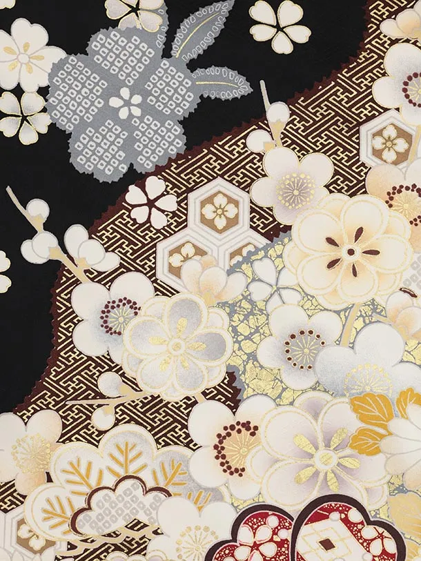 振袖レンタル1528 黒地 貝桶 四季花づくし