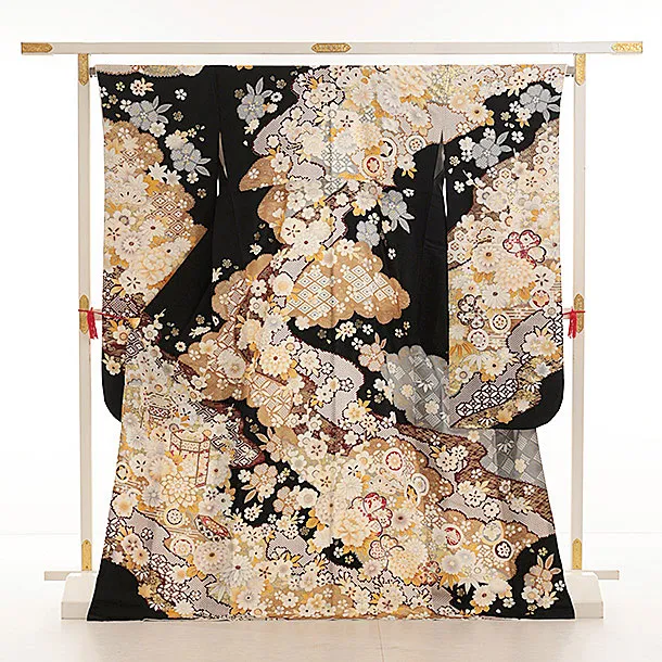 振袖レンタル1528 黒地 貝桶 四季花づくし