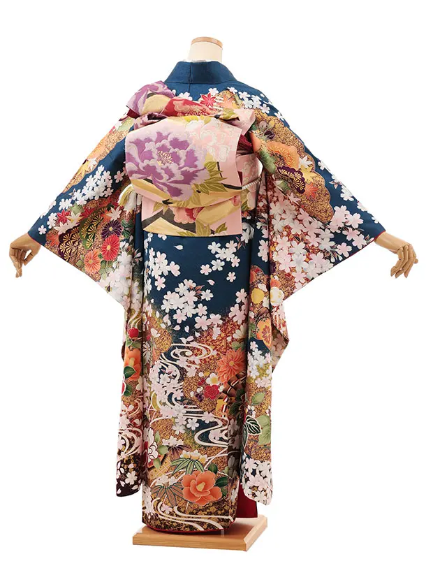 振袖レンタル1530 鉄紺色 牡丹花づくし