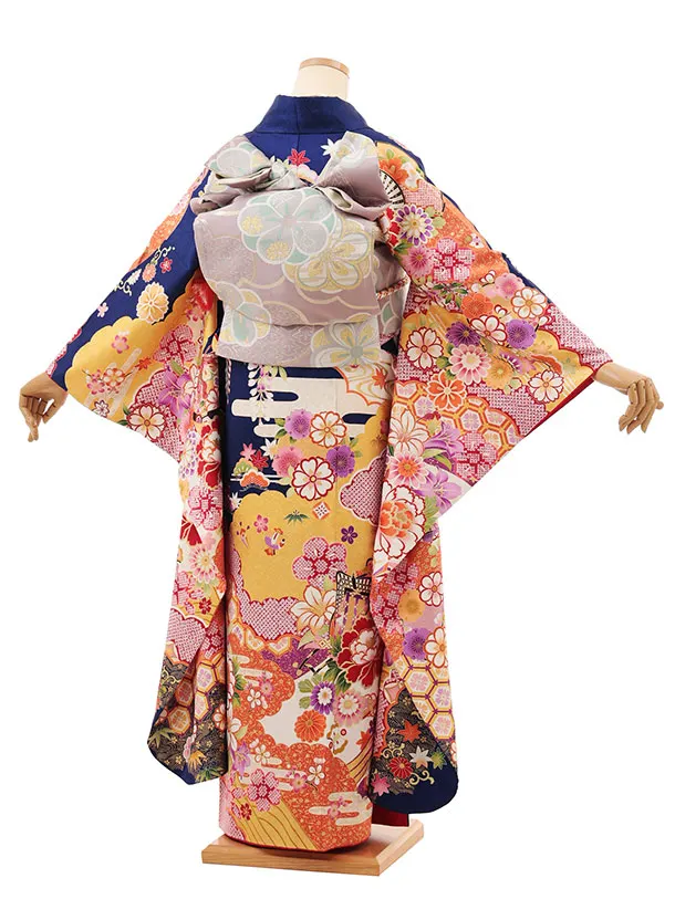 振袖レンタル1531 紺色 貝桶 花づくし