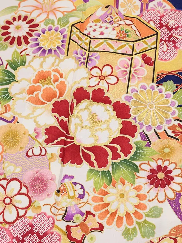 振袖レンタル1531 紺色 貝桶 花づくし