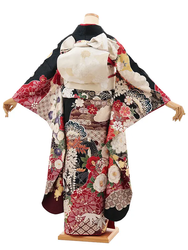 振袖レンタル1532 黒地 百花繚乱