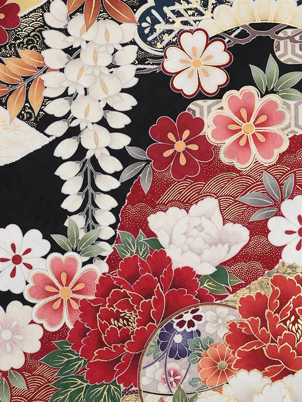 振袖レンタル1532 黒地 百花繚乱