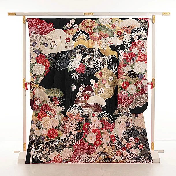 振袖レンタル1532 黒地 百花繚乱