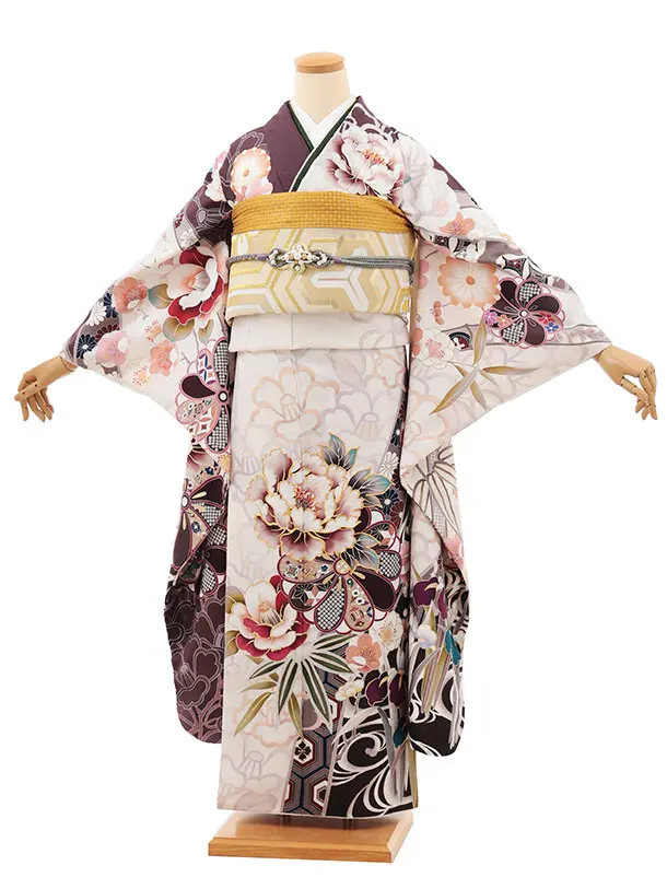 振袖レンタル1533 くすみパープル 白 牡丹椿
