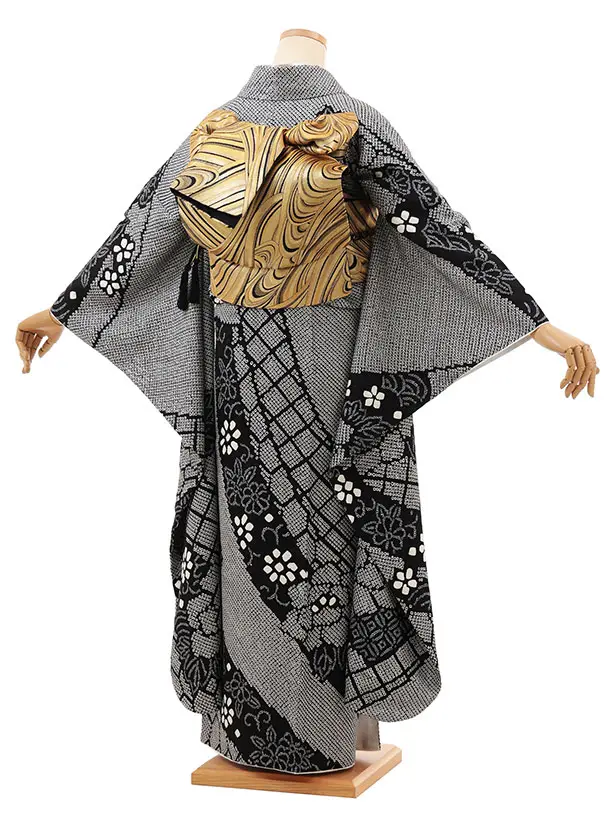 振袖レンタル1539 黒地 絞り 牡丹