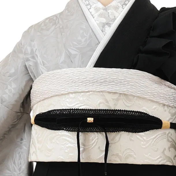 振袖レンタル1545　シルバーグレー 黒 片身替り フリル