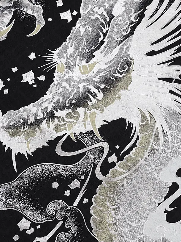 振袖レンタル1549　黒地 銀彩 波に牡丹 龍と鳳凰