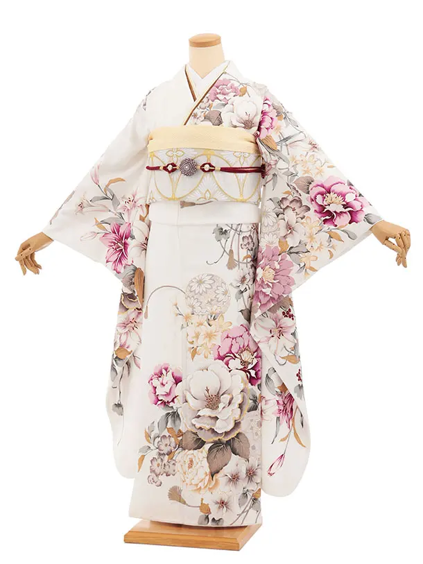 振袖レンタル1557　白地 鞠に牡丹