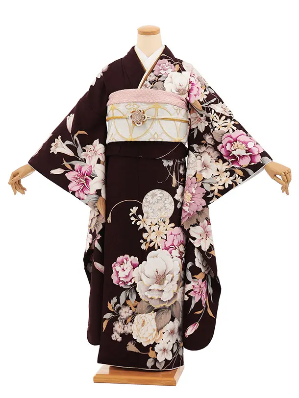 振袖レンタル1558　ブラウン 鞠に牡丹