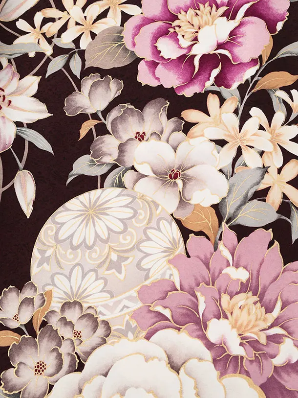 振袖レンタル1558　ブラウン 鞠に牡丹