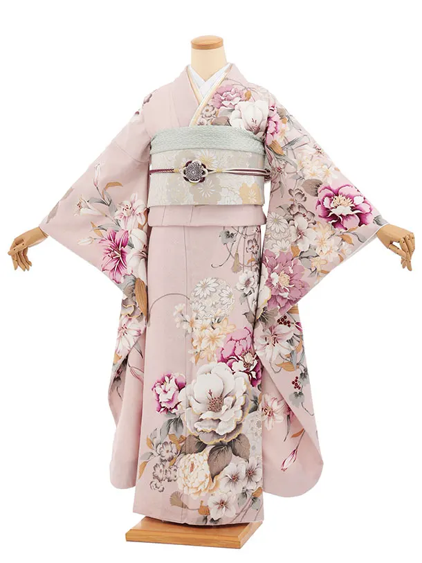 振袖レンタル1559　パールピンク 鞠に牡丹