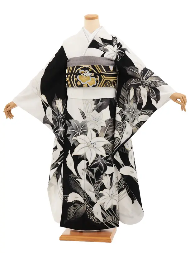 振袖レンタル1560tall　白地 百合 カラー(ﾄｰﾙｻｲｽﾞ)