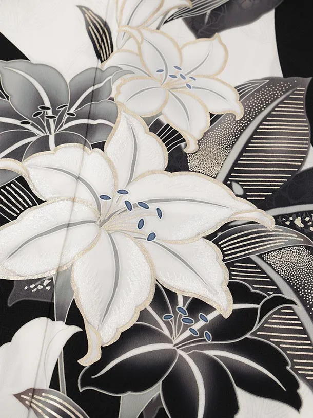 振袖レンタル1560tall　白地 百合 カラー(ﾄｰﾙｻｲｽﾞ)