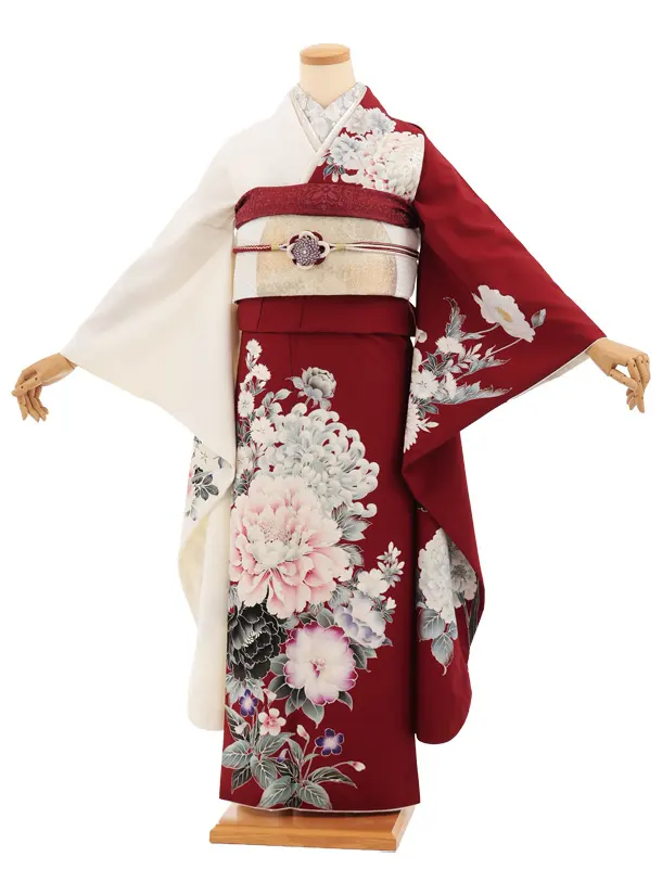 振袖レンタル1563　華徒然 アイボリー赤