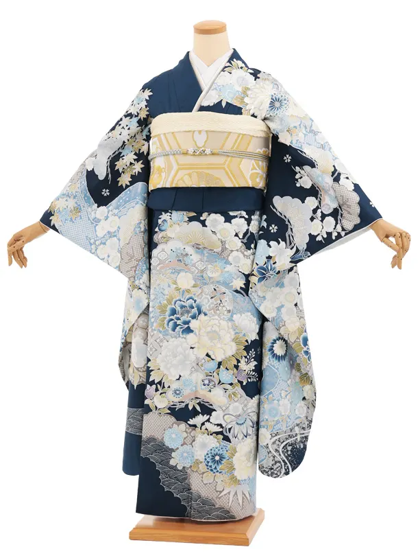 振袖レンタル1567　紺地 まり牡丹四季花