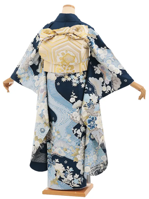 振袖レンタル1567　紺地 まり牡丹四季花