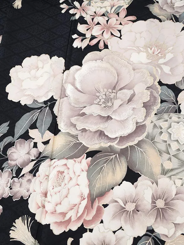 振袖レンタル1569　紺地　マリ　花