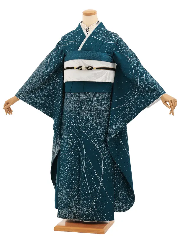 振袖レンタル1571　ブルーグリーン ラインストーンラメ