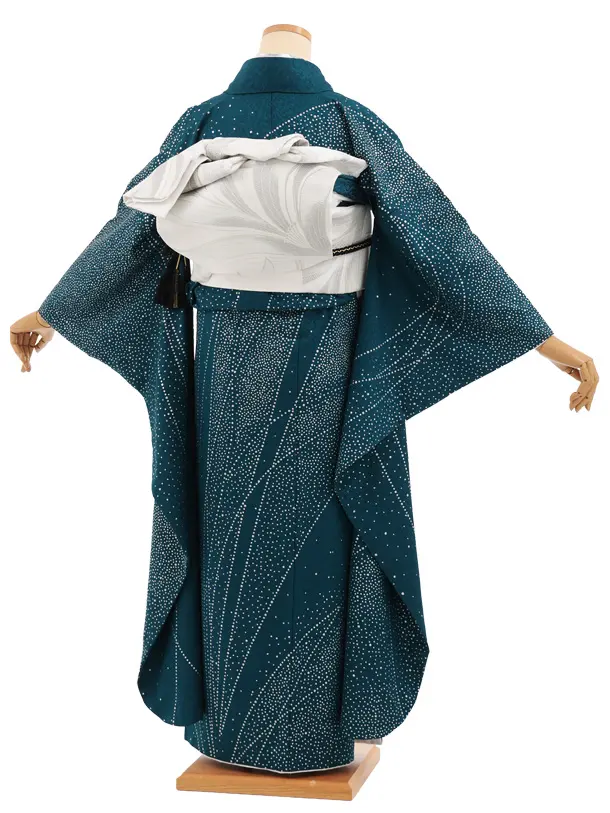 振袖レンタル1571　ブルーグリーン ラインストーンラメ