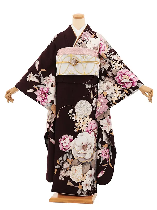 振袖レンタル1573　ブラウン 鞠に牡丹
