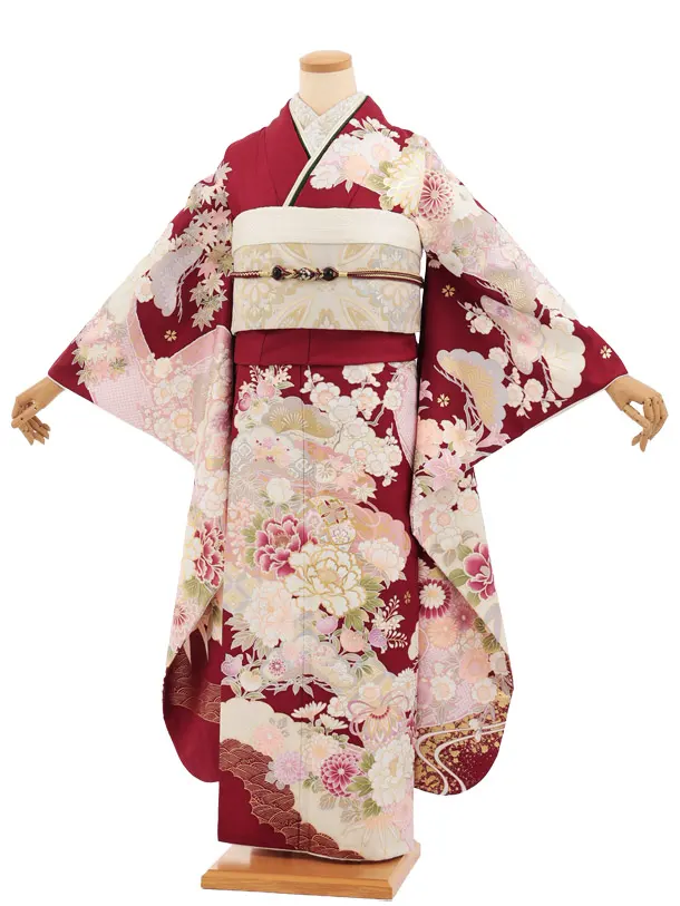 振袖レンタル1580　ボルドー まりにぼたん 四季花
