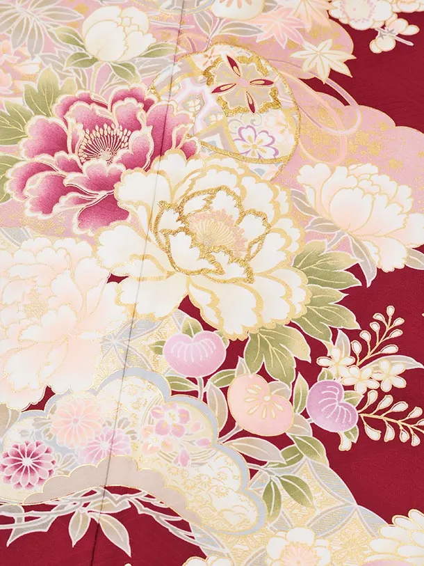 振袖レンタル1580　ボルドー まりにぼたん 四季花