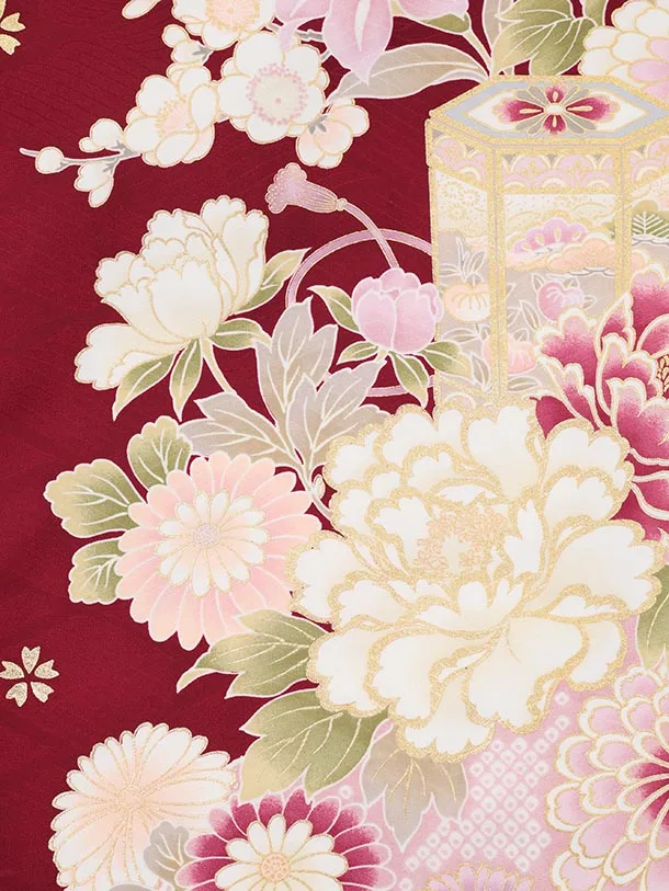 振袖レンタル1580　ボルドー まりにぼたん 四季花
