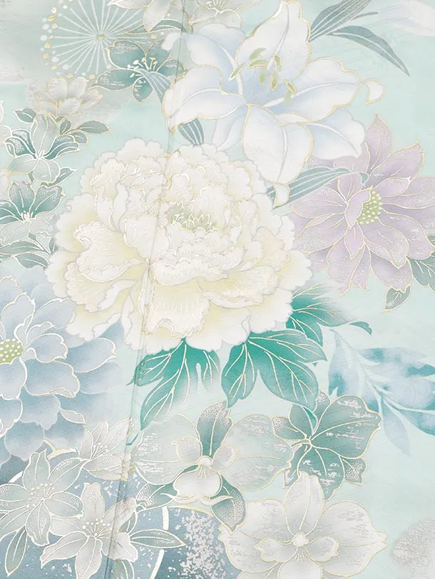 振袖レンタル1582　ペールグリーン 花づくし