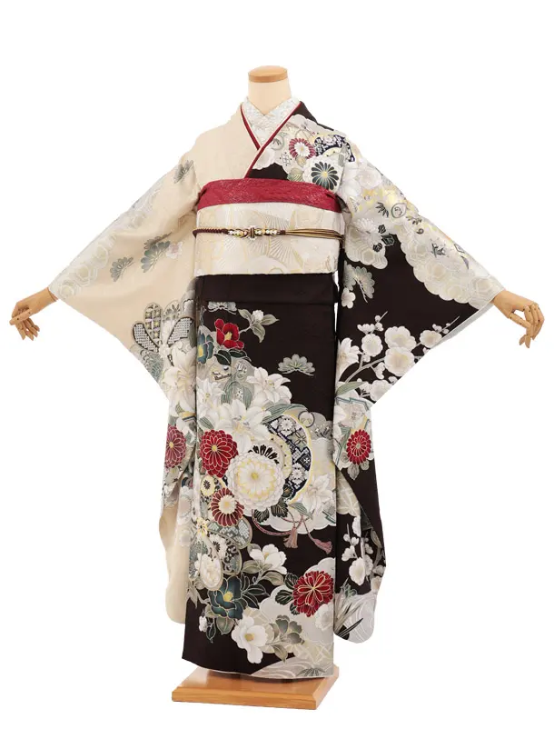 振袖レンタル1584　ブラウンベージュ 片身替り 裏鏡に花
