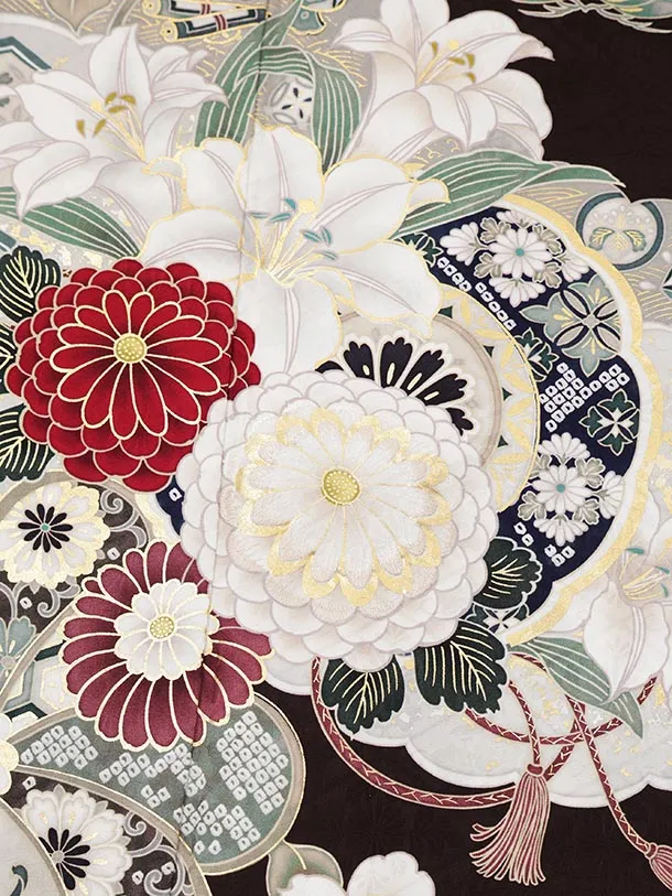 振袖レンタル1584　ブラウンベージュ 片身替り 裏鏡に花