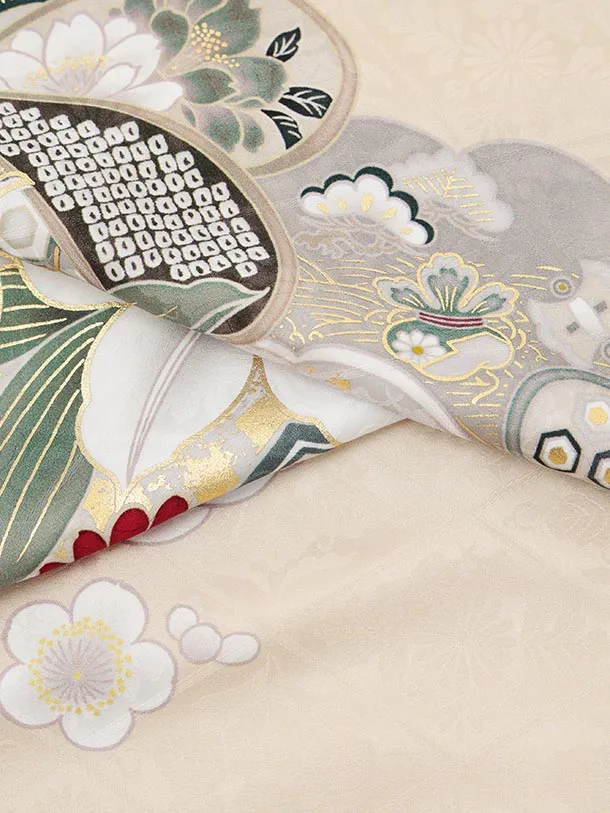 振袖レンタル1584　ブラウンベージュ 片身替り 裏鏡に花