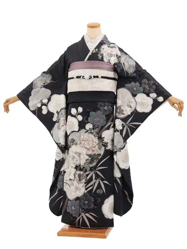 振袖レンタル1585　グレイッシュパープル 松竹梅にぼたん
