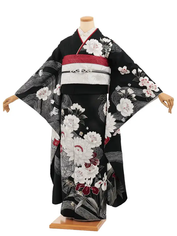 振袖レンタル1586　黒地 花 銀彩