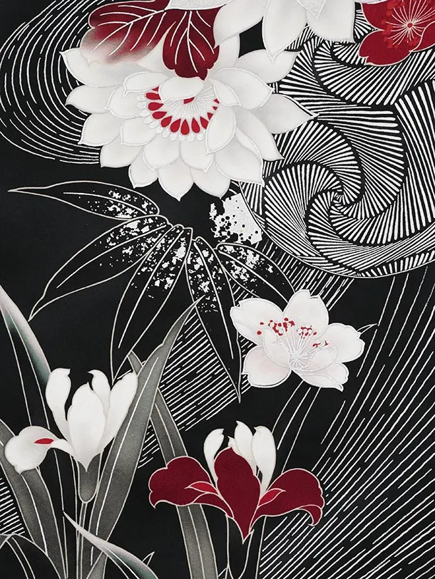 振袖レンタル1586　黒地 花 銀彩