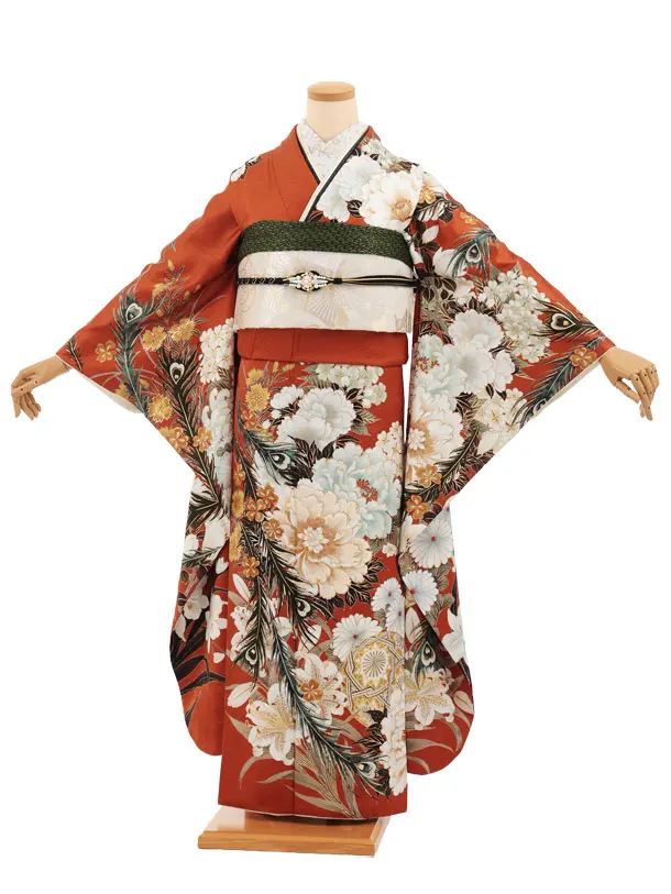 振袖レンタル1588　テラコッタ ぼたんに羽根