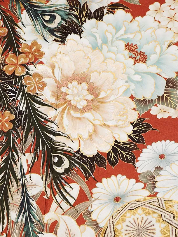 振袖レンタル1588　テラコッタ ぼたんに羽根