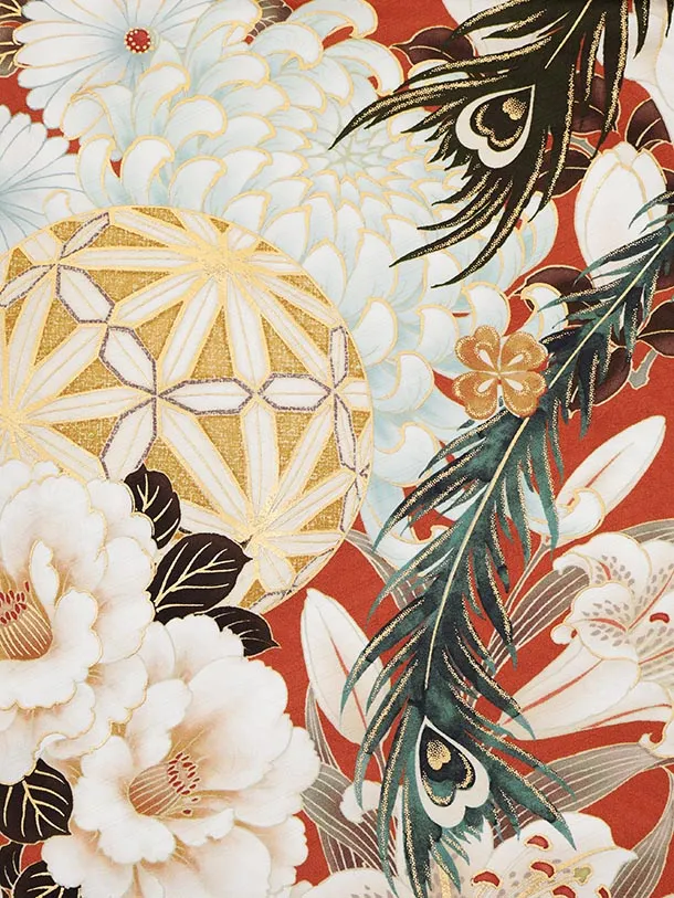 振袖レンタル1588　テラコッタ ぼたんに羽根