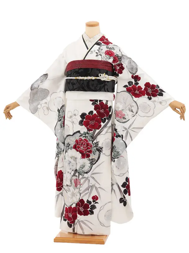 振袖レンタル1590　白地 椿 ぼたん
