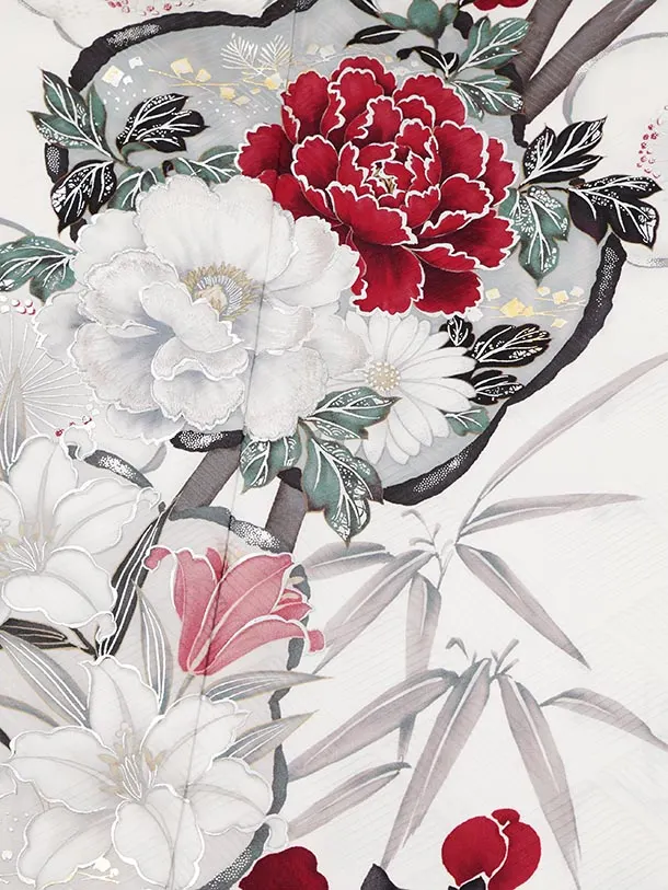 振袖レンタル1590　白地 椿 ぼたん