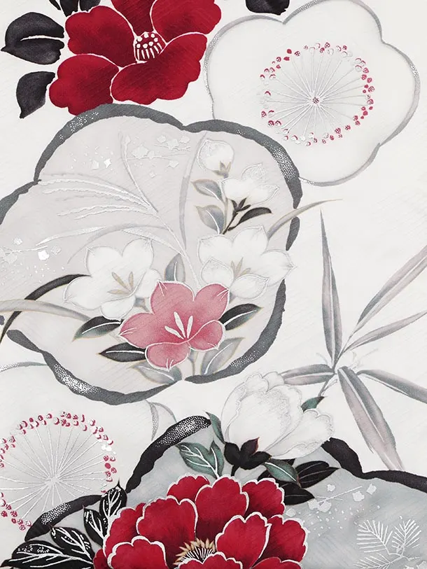 振袖レンタル1590　白地 椿 ぼたん